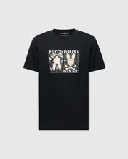 The Psycho Bunny Men's Gold Coast Graphic Tee - B6U631F200 is a black Pima cotton T-shirt, offering premium craftsmanship and a classic fit. It features a square graphic with two rabbit silhouettes on a gray background, surrounded by the repeated words "Psycho Bunny.