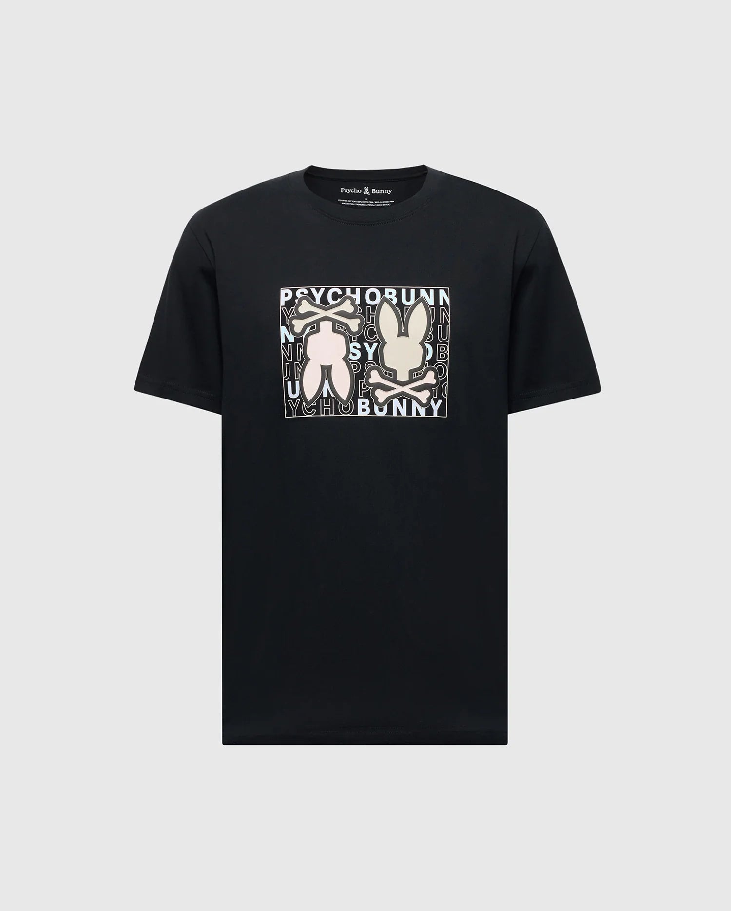The Psycho Bunny Men's Gold Coast Graphic Tee - B6U631F200 is a black Pima cotton T-shirt, offering premium craftsmanship and a classic fit. It features a square graphic with two rabbit silhouettes on a gray background, surrounded by the repeated words "Psycho Bunny.