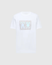 The MENS GOLD COAST GRAPHIC TEE - B6U631F200 by Psycho Bunny is a white t-shirt made from Pima cotton, featuring a graphic design of abstract blue rabbit silhouettes on a background with letters and shapes, offering premium craftsmanship and a classic fit.