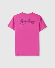 A vibrant pink MENS PEARLAND BACK GRAPHIC TEE - B6U632C200 from Psycho Bunny, crafted from luxurious Pima cotton, features the brand name "Psycho Bunny" embroidered in dark thread in stylized script on the back just below the neckline. The shirt is showcased against a plain, light-colored background.