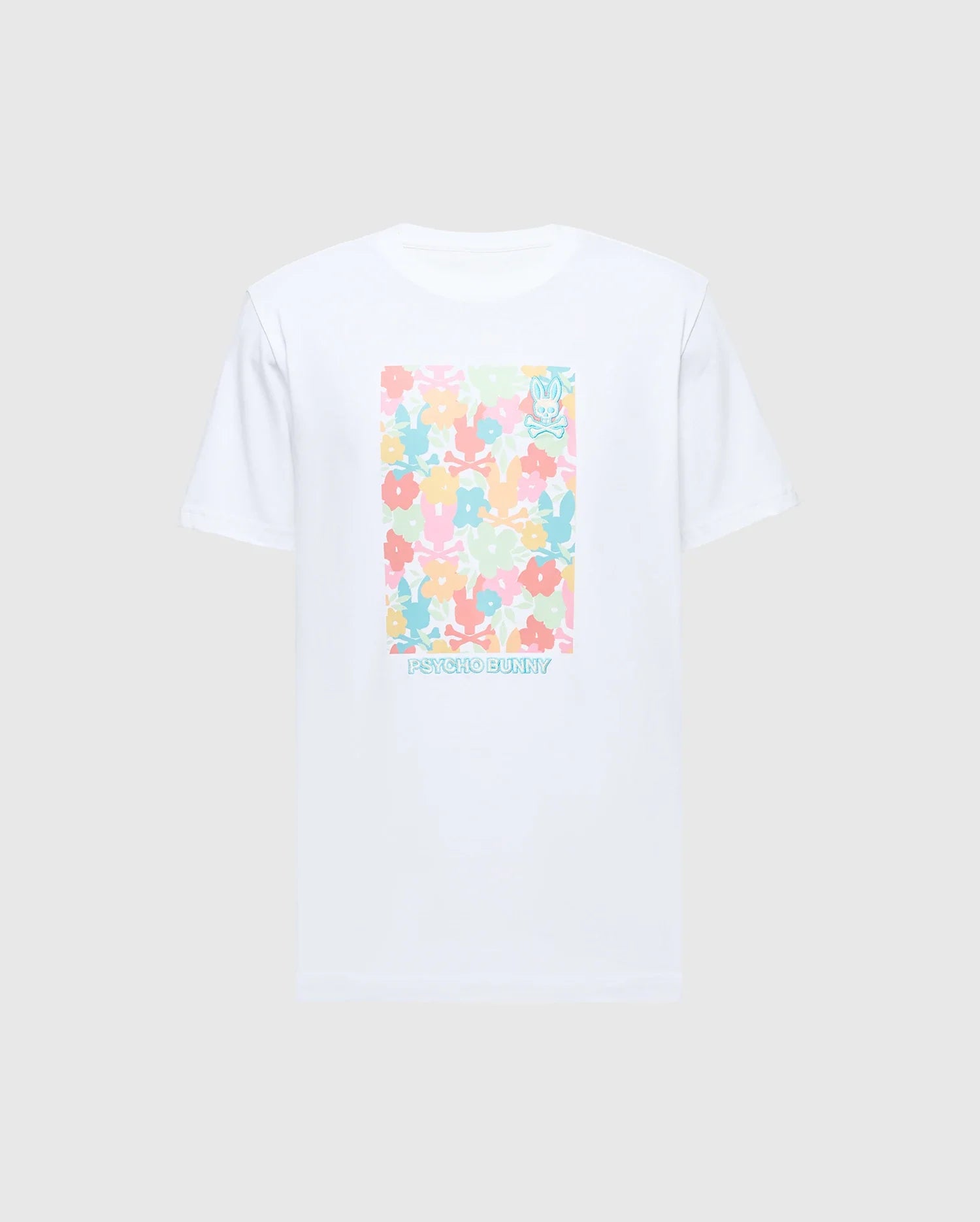 The MENS LEMMON GRAPHIC TEE—B6U655F200 by Psycho Bunny is a white Pima cotton shirt with an abstract floral bunny graphic in pastel pink, orange, blue, and green. "Psycho Bunny" is inscribed at the bottom, combining artistic flair with all-day comfort.