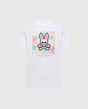 The MENS LEMORA GRAPHIC TEE by Psycho Bunny features a soft Pima cotton white fabric with a colorful rabbit skull and crossbones graphic at its center. The multicolored camouflage background is achieved with water-based print, complemented by "PSYCHO BUNNY" text in pink below.