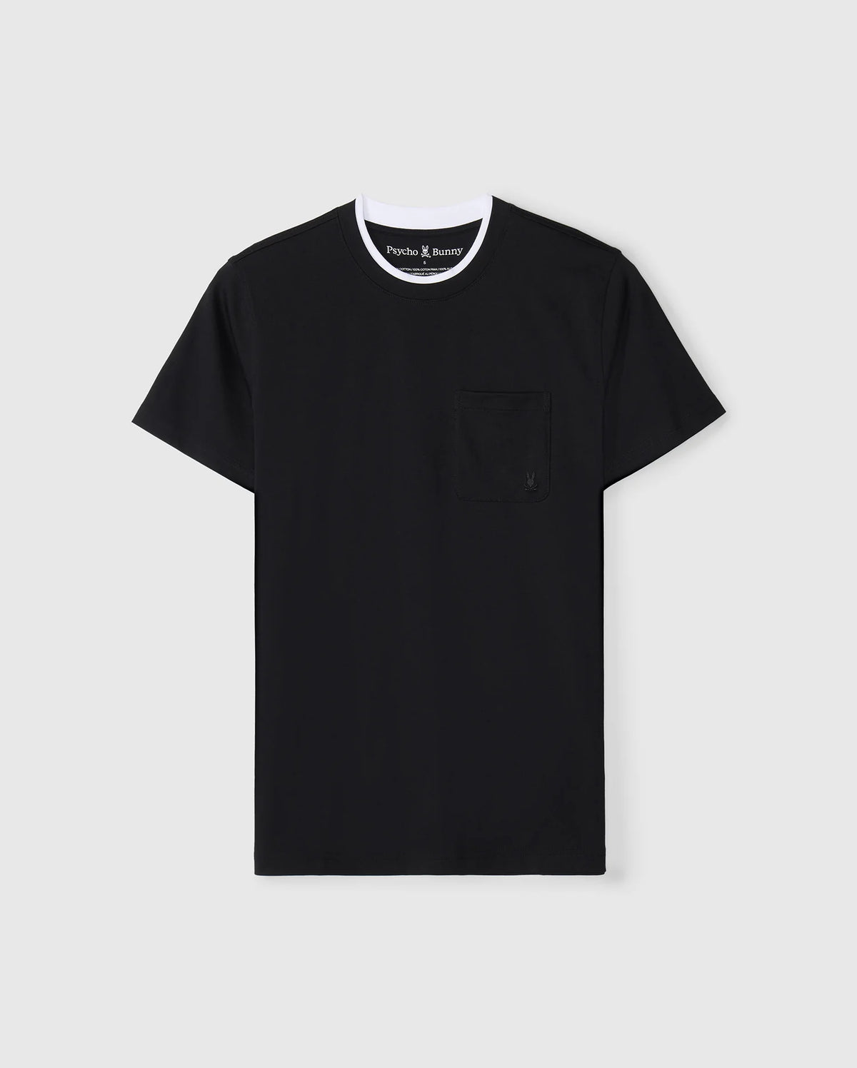 The MENS CAMPO POCKET TEE (B6U801D200) by Psycho Bunny is a black tee made from soft pima cotton, showcasing a chic white collar and a small chest pocket, beautifully set against a light gray background.