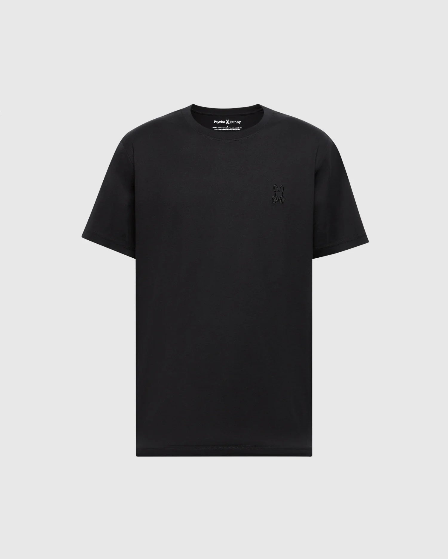 The Psycho Bunny MENS JAMES PREMIUM CREW NECK TEE (B6U952D200) is a plain black Pima cotton T-shirt with a refined logo embroidered on the left chest, set against a light gray background.