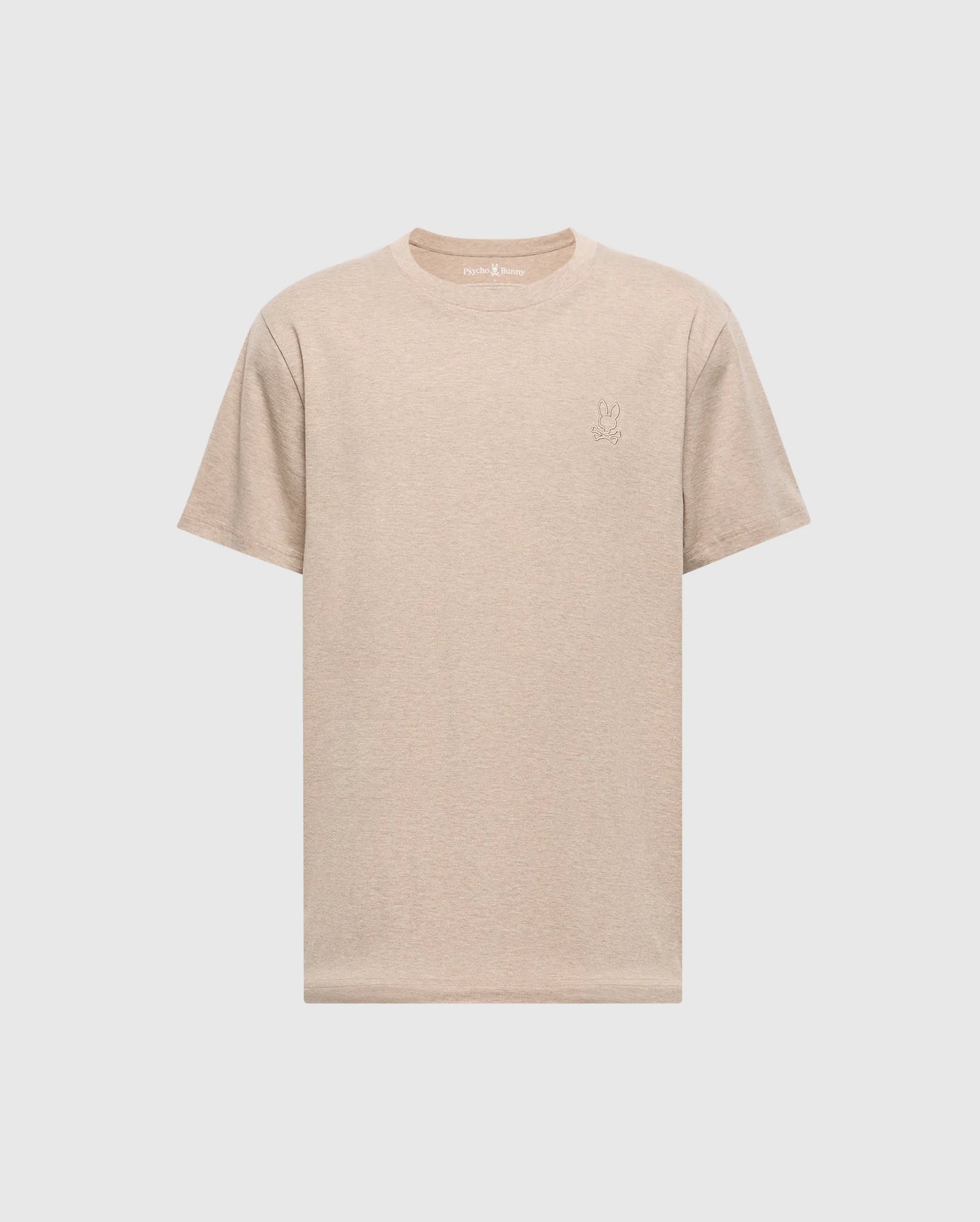 The Psycho Bunny MENS JAMES PREMIUM CREW NECK TEE - B6U952D200, crafted from Pima cotton, is shown front-facing on a white background. This plain beige tee features a small, subtle embroidered rabbit logo on the left chest.