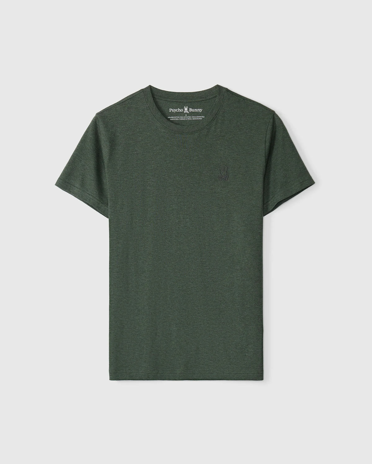 The MEN'S JAMES PREMIUM CREW NECK TEE - B6U952D200 by Psycho Bunny is displayed on a light gray background. Made from high-quality Pima cotton, it boasts a fashionable crew neck and short sleeves, with a subtle tonal outline bunny embroidered on the left chest.