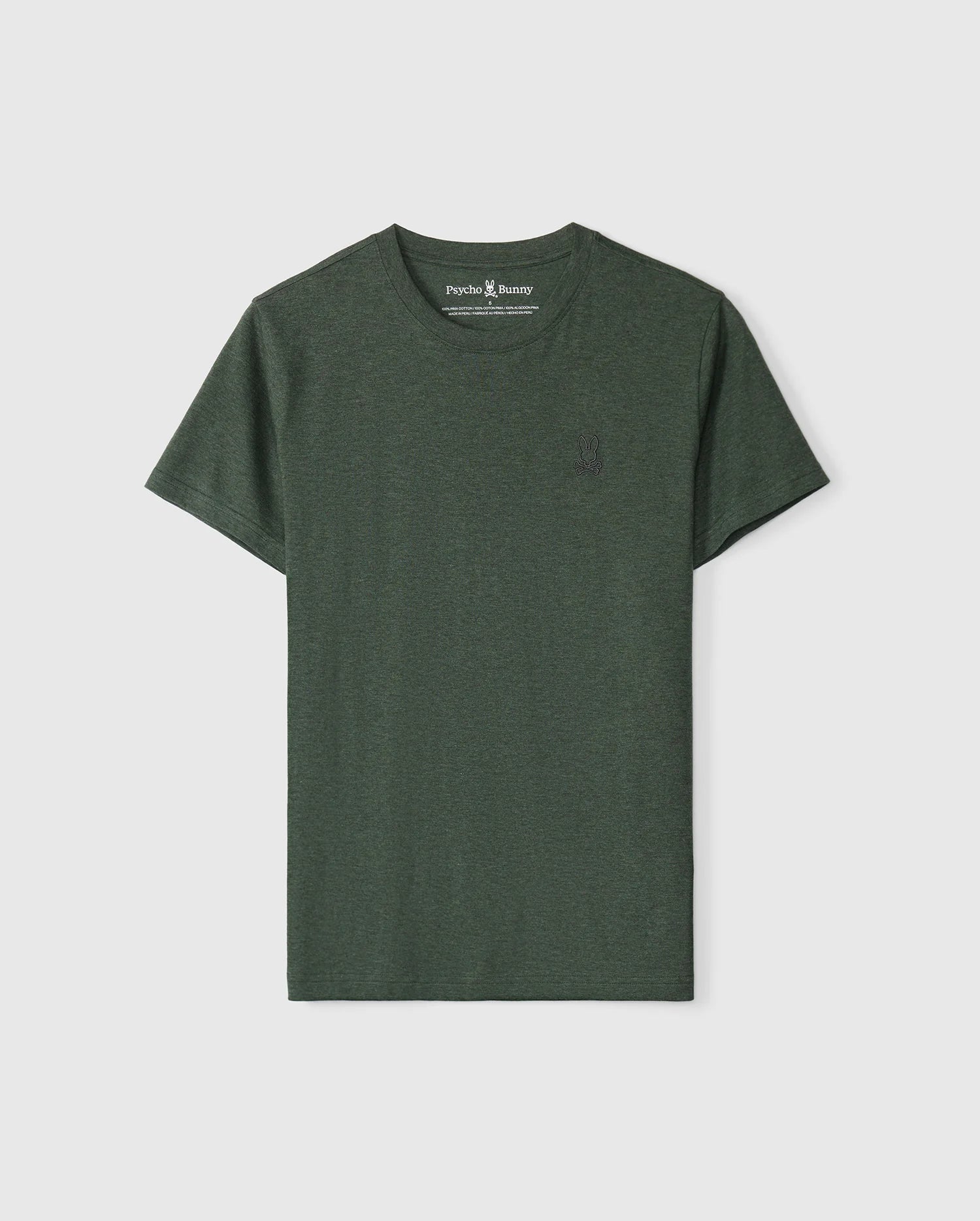 The MEN'S JAMES PREMIUM CREW NECK TEE - B6U952D200 by Psycho Bunny is displayed on a light gray background. Made from high-quality Pima cotton, it boasts a fashionable crew neck and short sleeves, with a subtle tonal outline bunny embroidered on the left chest.