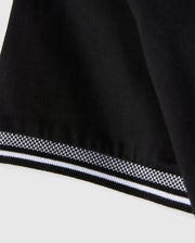 Close-up of a black Men's Malton Fashion Tee by Psycho Bunny, made from pima cotton, featuring a smooth texture and a stylish white and gray striped border at the edge. The border pattern is composed of small geometric shapes, making it an ideal addition to men's fashion tee collections.