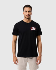 Front view of a male wearing the mens pima cotton Atlanta city tee with a red and white logo that reads "ATL" in cursive script, accompanied by a small, stylized rabbit icon on the left side.