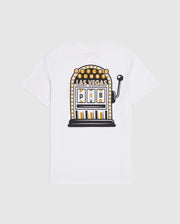 A white Psycho Bunny MENS VEGAS CITY TEE - B6U967X1PC made of soft Pima cotton jersey featuring a colorful graphic of a slot machine on the back. The printed bunny logo and the text "Psycho Bunny Las Vegas" sit atop three slot windows displaying bunny icons and the letters "P", "B".