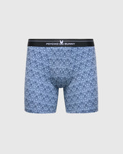 The Psycho Bunny MENS 2 PACK BOXER BRIEF (B6V481F200) features blue Stretch Pima cotton with a white geometric pattern and a comfortable black waistband with white "PSYCHO BUNNY" text and bunny logo. Stylish and breathable, these boxer briefs are perfect for any occasion.