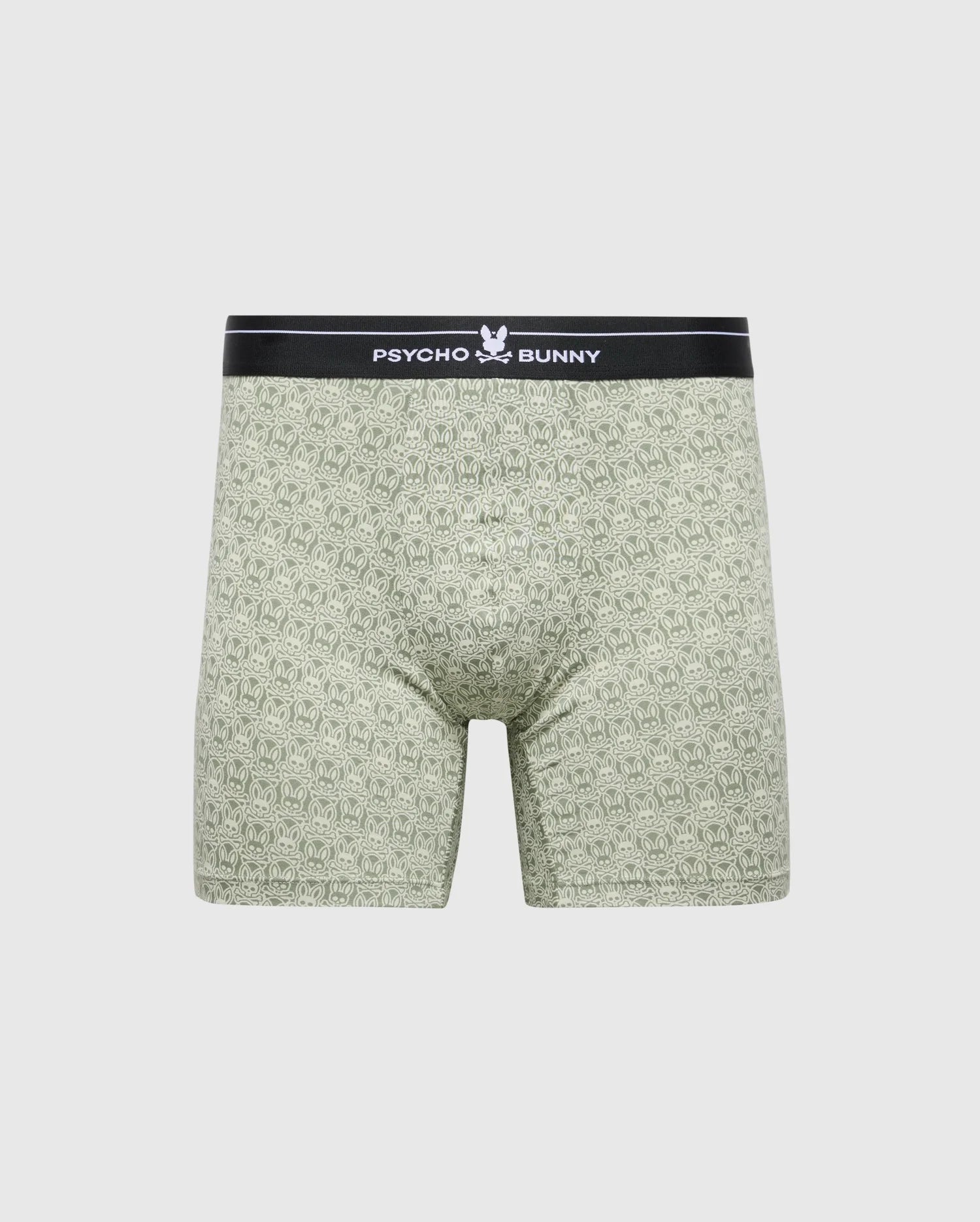 The Psycho Bunny MENS 2 PACK BOXER BRIEF - B6V481F200 is crafted from a stretchy Pima cotton-Modal blend with a subtle pattern, featuring a black waistband with "Psycho Bunny" and a white bunny logo. Designed for all-day comfort against a plain white backdrop, they ensure style and ease.