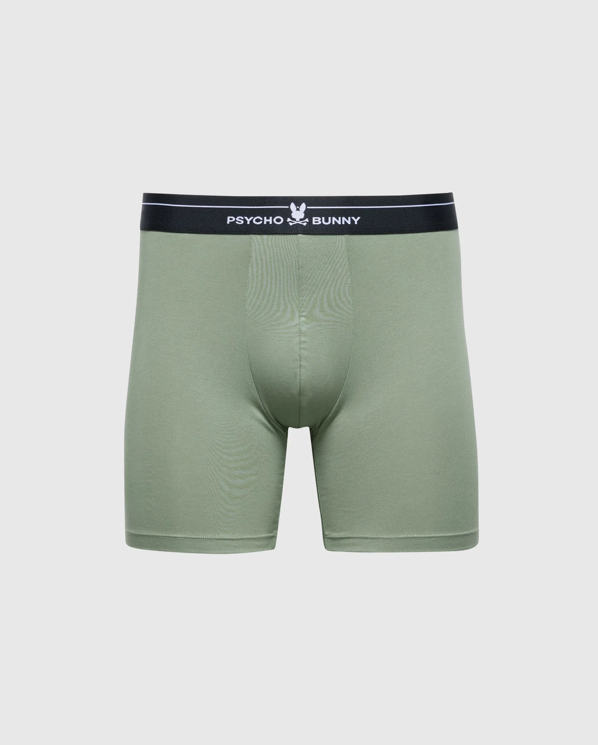 The MENS 2 PACK BOXER BRIEF - B6V481F200 by Psycho Bunny features green Pima cotton-Modal blend boxer briefs with a stretchy design for all-day comfort, accented with a black waistband adorned with a white bunny logo and "Psycho Bunny" text.