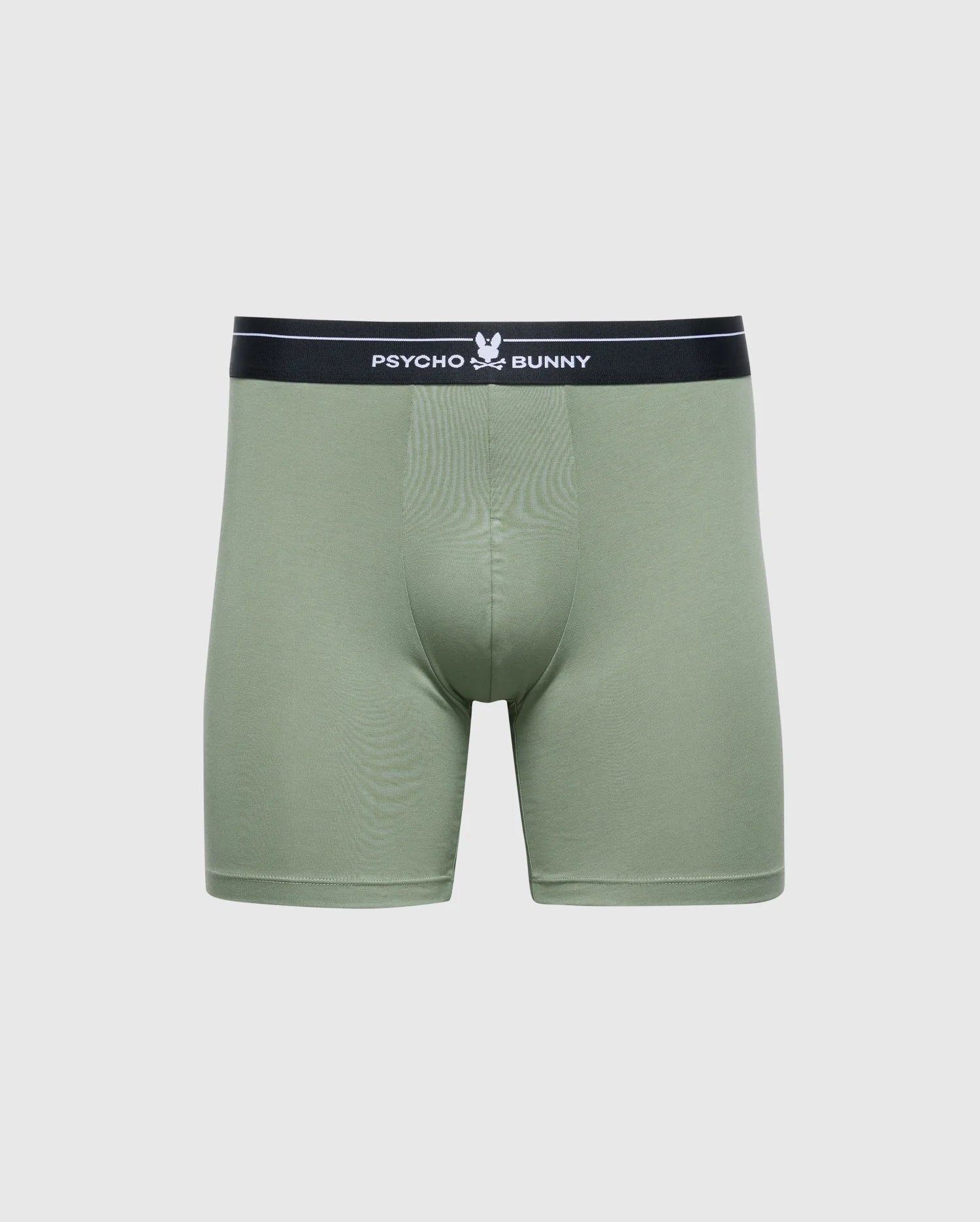 The MENS 2 PACK BOXER BRIEF - B6V481F200 by Psycho Bunny features green Pima cotton-Modal blend boxer briefs with a stretchy design for all-day comfort, accented with a black waistband adorned with a white bunny logo and "Psycho Bunny" text.