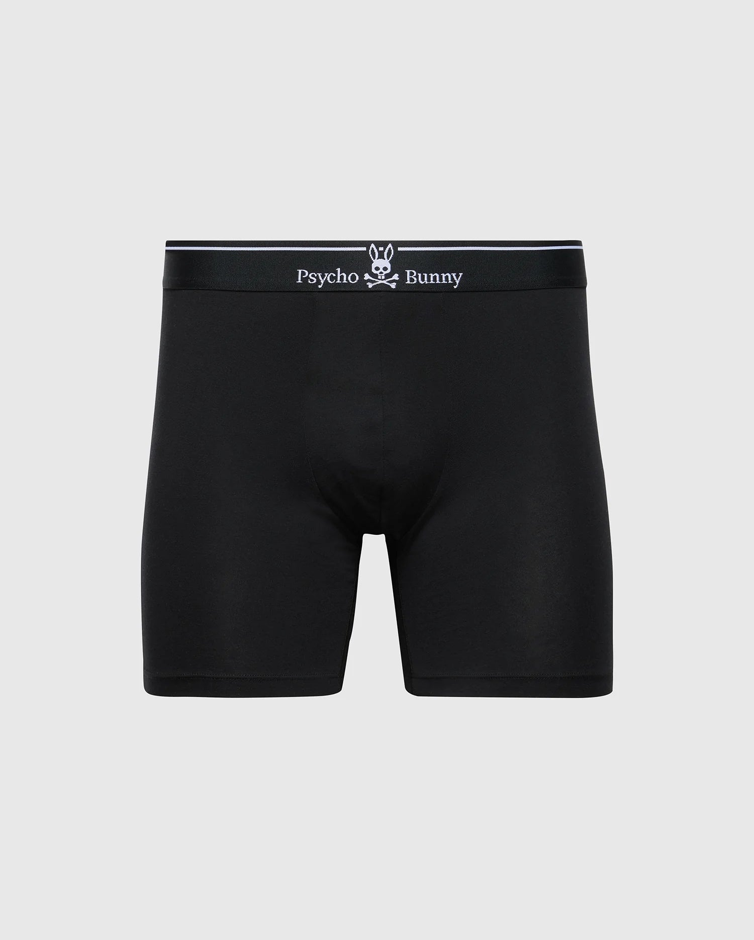 Black men's boxer briefs from Psycho Bunny, made of ultrasoft Pima cotton, feature the brand’s stylized bunny skull design and logo on a white waistband. Product: MENS SOLID KNIT 2 PACK BOXER BRIEF - B6V906ARCM.