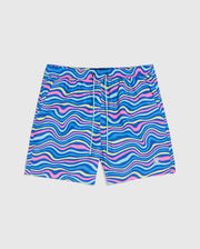The MENS CLARKSON LIGHTWEIGHT SWIM TRUNK - B6W120B2SW by Psycho Bunny is a pair of colorful quick-dry swim trunks with a wavy, psychedelic pattern in various shades of blue, pink, yellow, and white. Made from recycled polyester, these shorts feature an elastic waistband with a white drawstring and a small emblem on the left leg near the hem. The background is white.