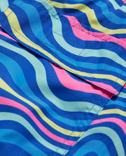 A close-up of fabric with a vibrant wave-like pattern in blue, green, yellow, and pink. The material has visible stitching and folds, displaying overlapping bands of color flowing in curves. The texture appears smooth and shiny, reminiscent of high-quality Psycho Bunny MENS CLARKSON LIGHTWEIGHT SWIM TRUNK - B6W120B2SW.