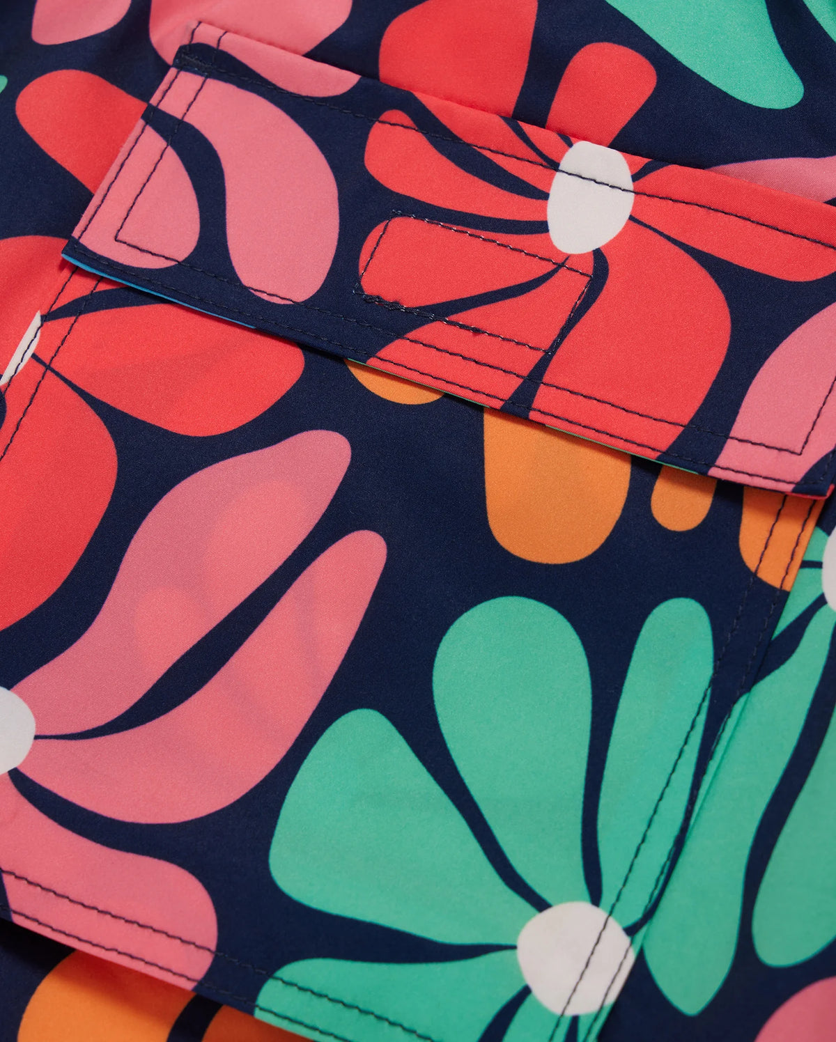 Close-up of a colorful fabric with a bold, abstract floral pattern. The design, perfect for Psycho Bunny MENS MENTZ SWIM TRUNK - B6W320B2SW, features large, vibrant flowers in shades of pink, red, orange, green, and white against a dark blue background. The image also shows part of a flap with visible stitching detail.