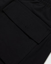 Close-up image of a black fabric texture with a detailed view of a sewn rectangular patch pocket on Psycho Bunny's MENS MALTA HYDROCHROMIC SWIM TRUNK - B6W321B2SW.
