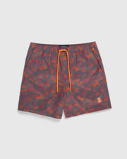 The MENS SHELDON ALL OVER PRINT SWIM TRUNK - B6W588C200 by Psycho Bunny features a gray design with a red and orange bunny pattern, accented by an orange drawstring at the waist. Crafted from quick-dry fabric, these swim trunks perfectly blend functionality and style.