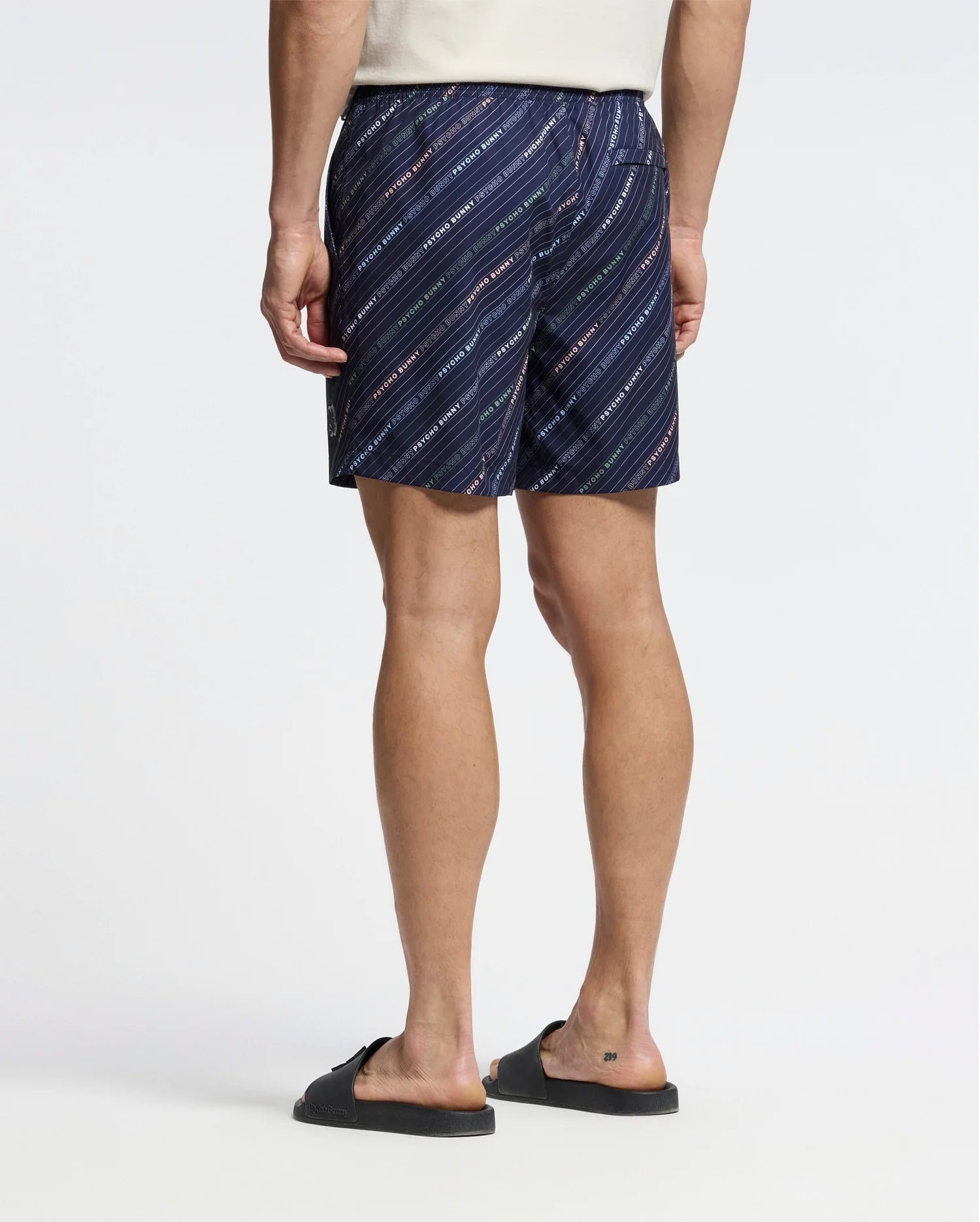 The image features a person in a white t-shirt and Psycho Bunny's MENS RENMARK PB PRINTED SWIM TRUNK (B6W622F200) in blue with a logo pattern, standing with their back to the camera. They are wearing black sandals against a simple, light background.