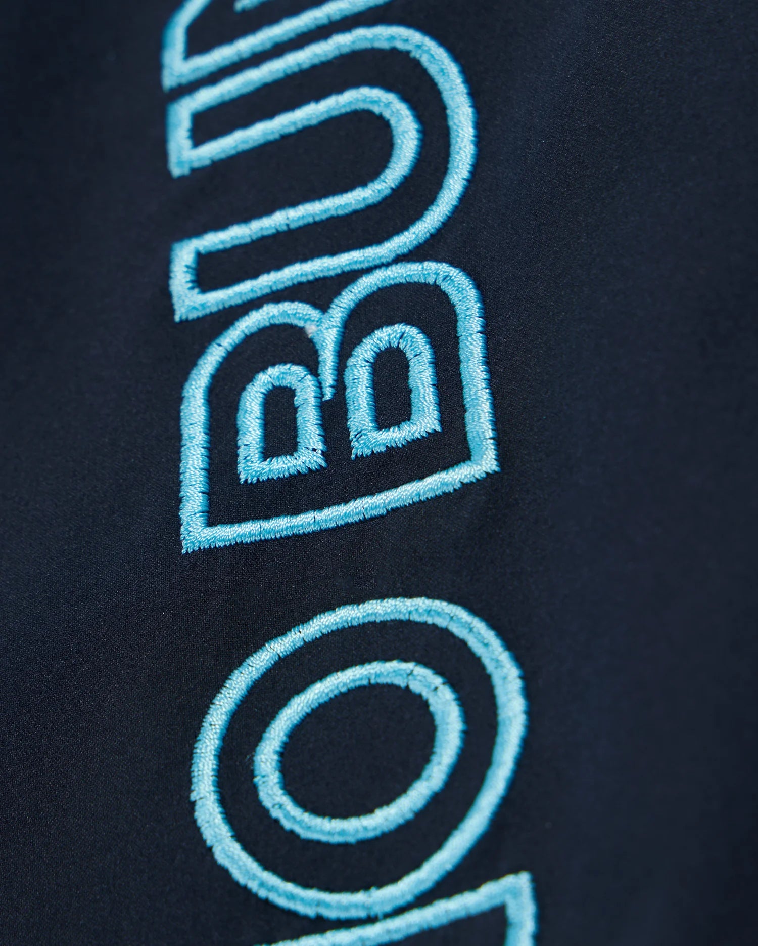 Close-up of a blue embroidered text on dark fabric, likely part of the MENS MELVIN SWIM TRUNK - B6W665C200 by Psycho Bunny. The bold, rounded font shows the visible letters "B U". The texture of the stitching is detailed, highlighting the craftsmanship. These Melvin swim trunks feature a quick-dry outer shell and a drawstring stretch waistband for comfort.