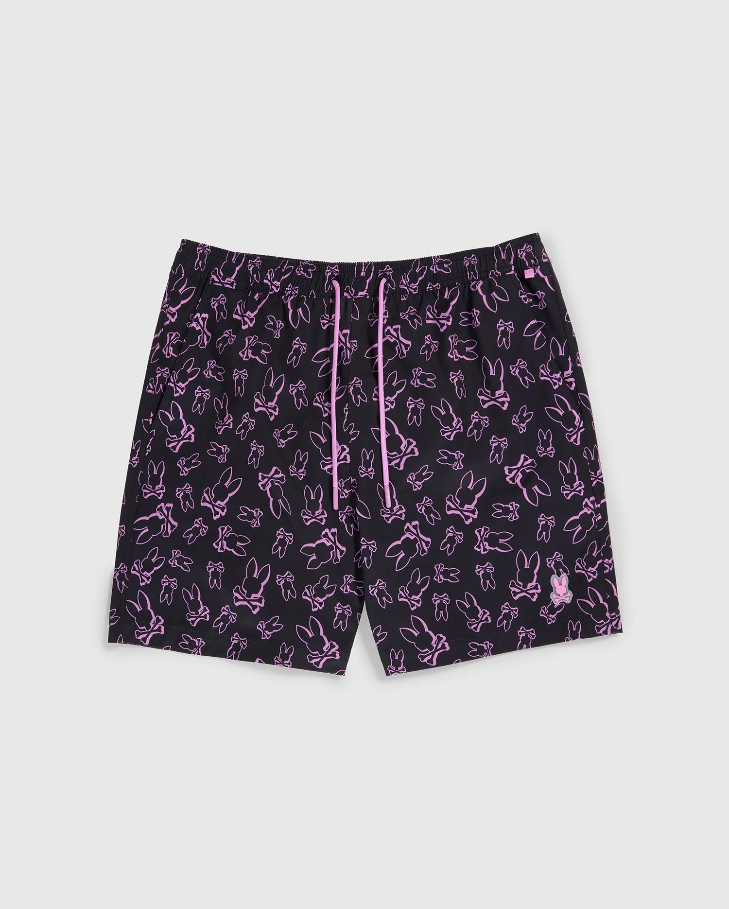 flat front view of rendon print swim trunk in black