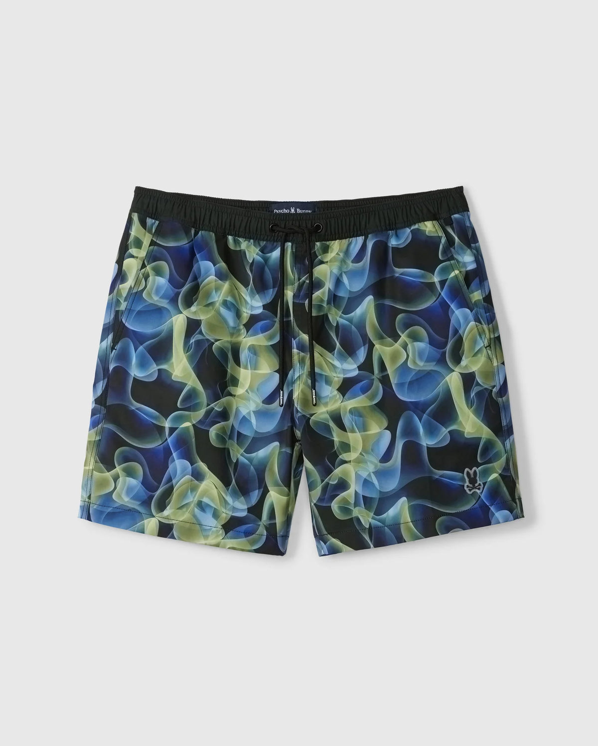 The Psycho Bunny MENS GOLDCREEK ALL OVER PRINT SWIM TRUNK - B6W672C200 showcases a vibrant pattern of swirling blue and green smoke-like designs. These super-comfy swim trunks feature a black waistband with a drawstring, a small emblem on the bottom left corner, and come with a handy waterproof bag.