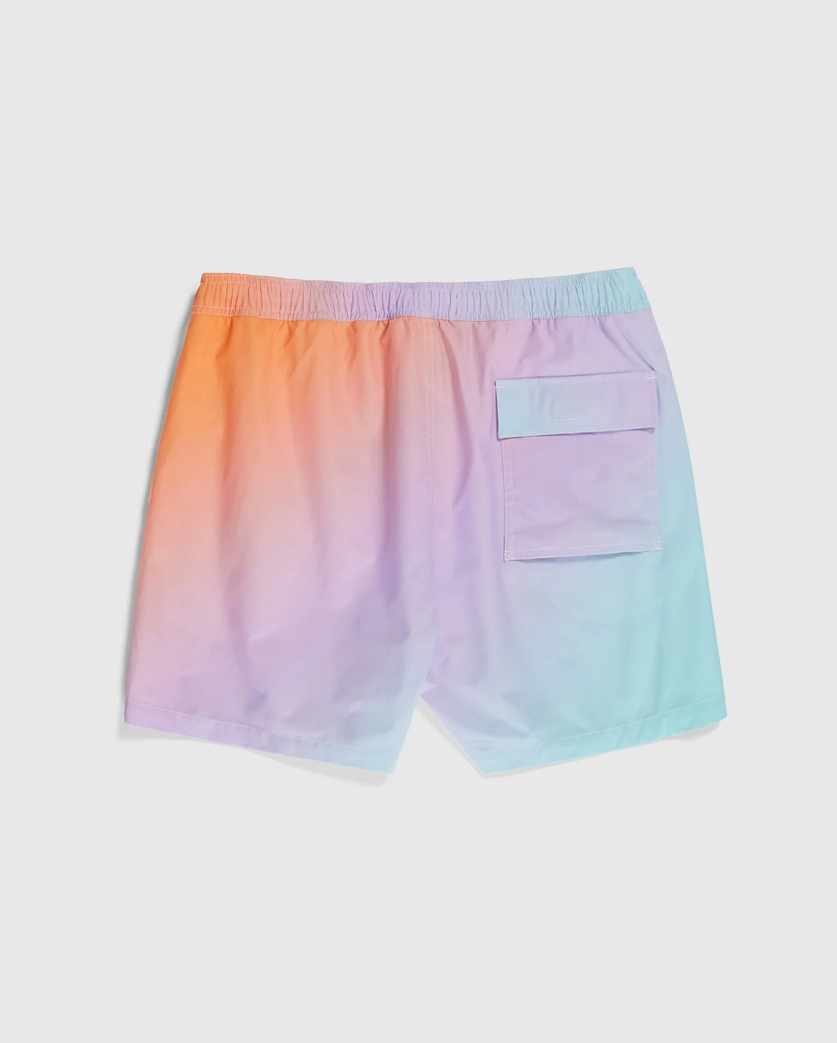 A pair of Psycho Bunny MENS WINTON PRINTED SWIM TRUNK - B6W915A2PO featuring a blend of orange, pink, purple, and teal hues. The quick-drying shorts have an elastic waistband and a single flap pocket on the right side. The design exudes a vibrant and summery feel with premium finishes.