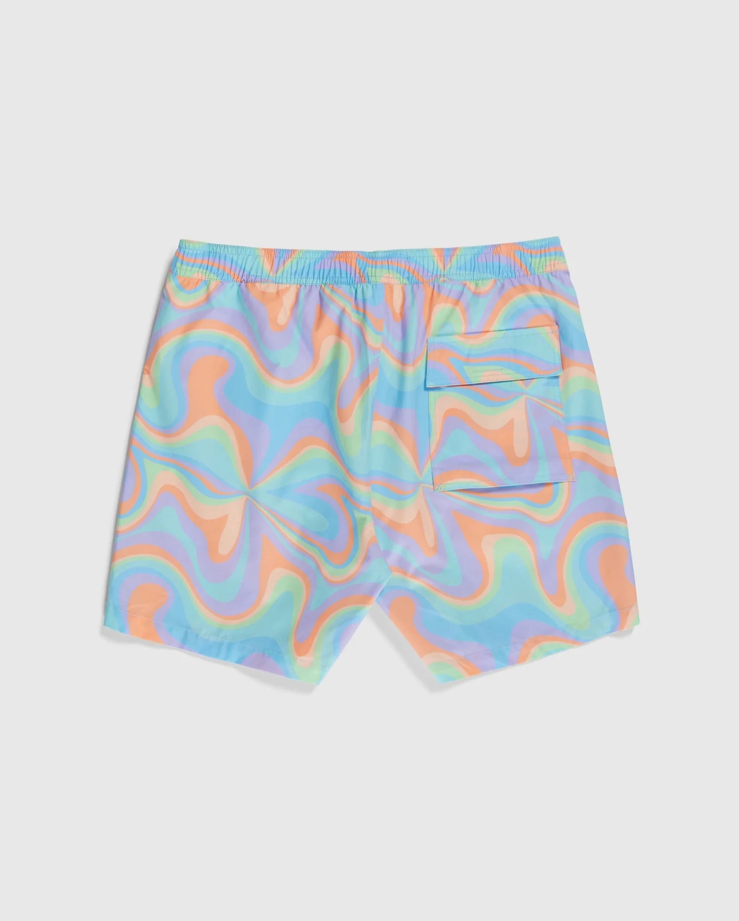 A pair of colorful MENS BLOOMINGTON SWIM TRUNK - B6W941A2PO by Psycho Bunny featuring a retro, wavy psychedelic pattern in shades of blue, pink, orange, and green. The quick-drying shorts have an elastic waistband and a back pocket with a flap. A cute silicone bunny patch adds charm as they are laid flat against a white background.