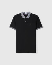 The BIG AND TALL MALTON PIQUE POLO SHIRT - B9K950D200 by Psycho Bunny is crafted from premium Pima cotton in black, featuring a gray collar and sleeve edges with white stripes. An embroidered logo on the left chest adds distinction, even against a plain white background.