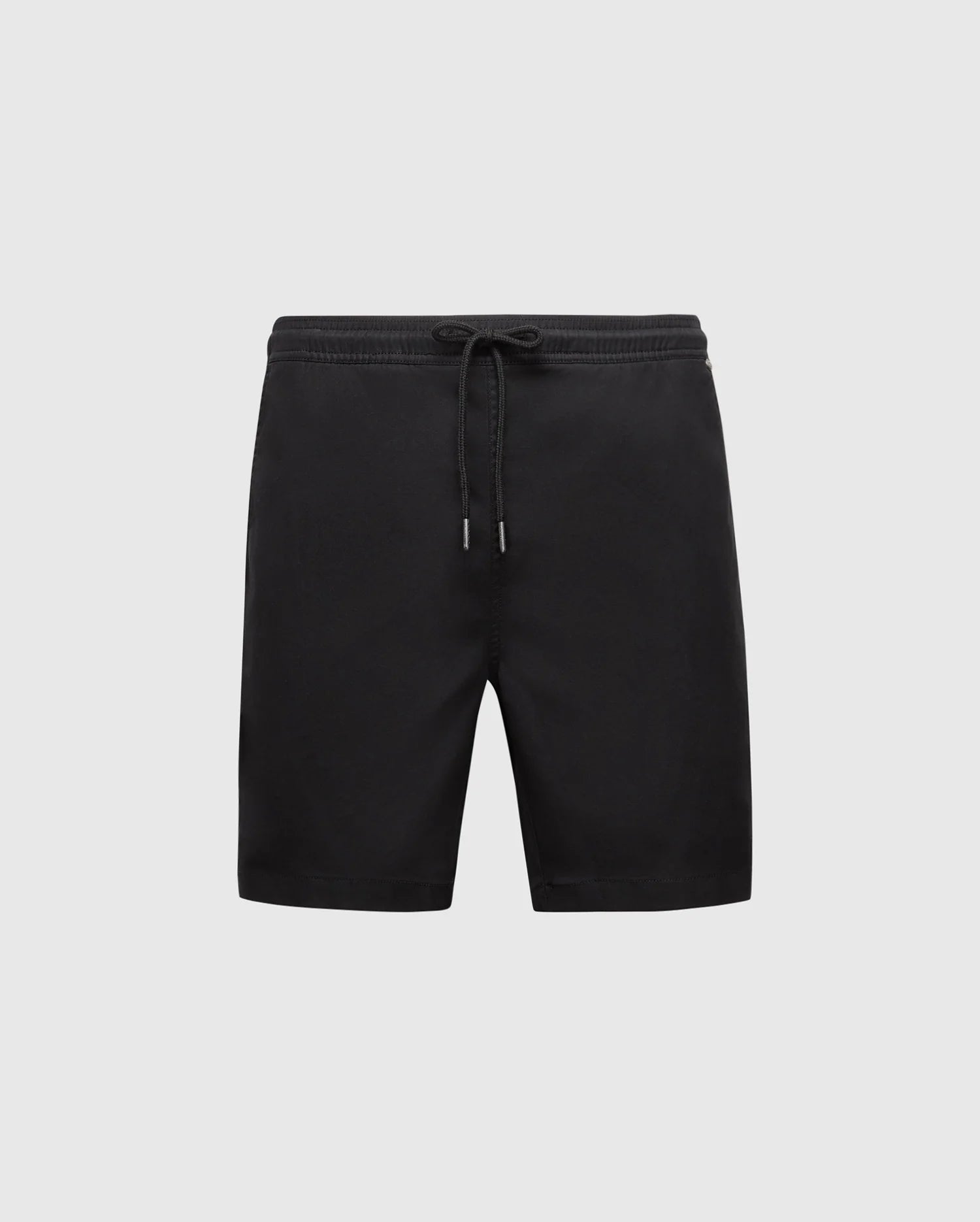 The MENS BIG AND TALL WILLIS STRETCH TENCEL SHORT by Psycho Bunny, in black with a comfortable regular fit, is showcased against a plain light gray background.