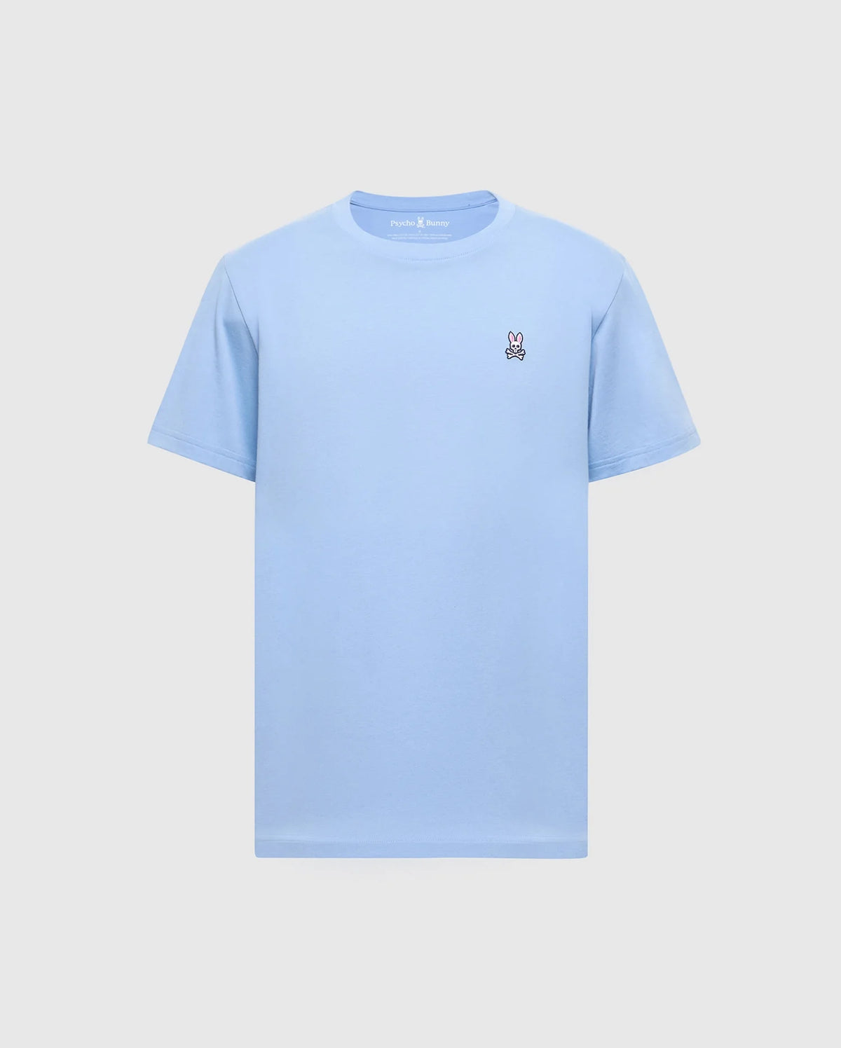 The Psycho Bunny BIG AND TALL CLASSIC CREW NECK TEE in light blue is made of 100% Pima cotton, featuring a bunny peace sign logo on the chest for comfort and style.