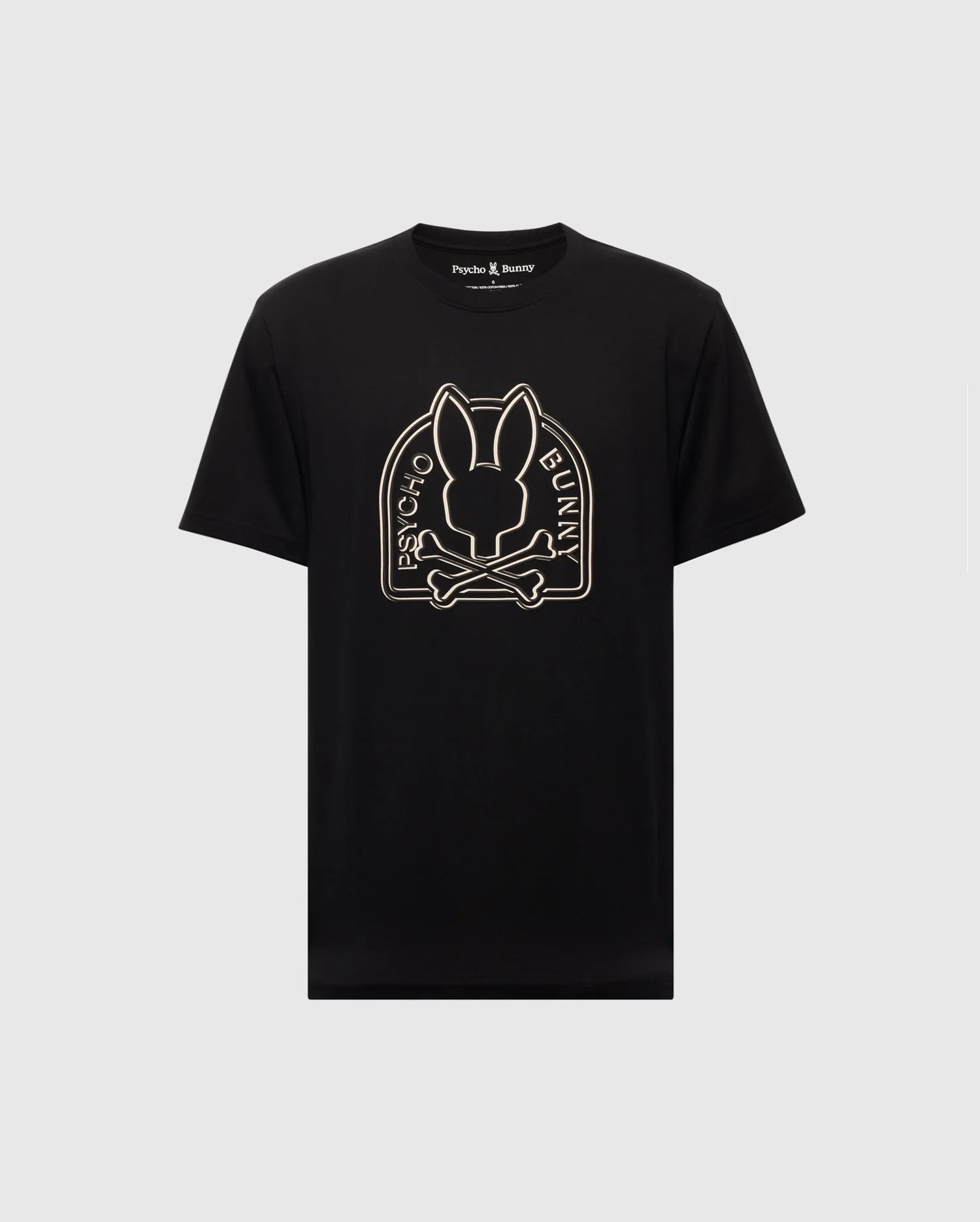 The "MENS BIG AND TALL MELBOURNE GRAPHIC TEE - B9U410F200" by Psycho Bunny features a bunny head with crossed bones design and the "Psycho Bunny" text, made from premium Peruvian Pima cotton.