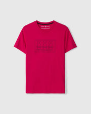 This bold pink "BIG AND TALL TACOMA GRAPHIC TEE - B9U909D200" by Psycho Bunny is made from soft Pima cotton. It showcases a rectangular patch with three bunny outlines and "Psycho Bunny" embossed, offering a standout graphic tee with eye-catching embroidered details for your wardrobe.