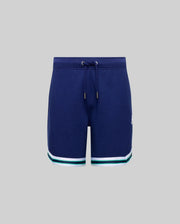 Psycho Bunny KIDS BASIL TAPED SHORT (KB0900003) in navy blue, made from a soft cotton-modal blend with a drawstring waist and white and teal hem stripes, shown on a plain gray background.