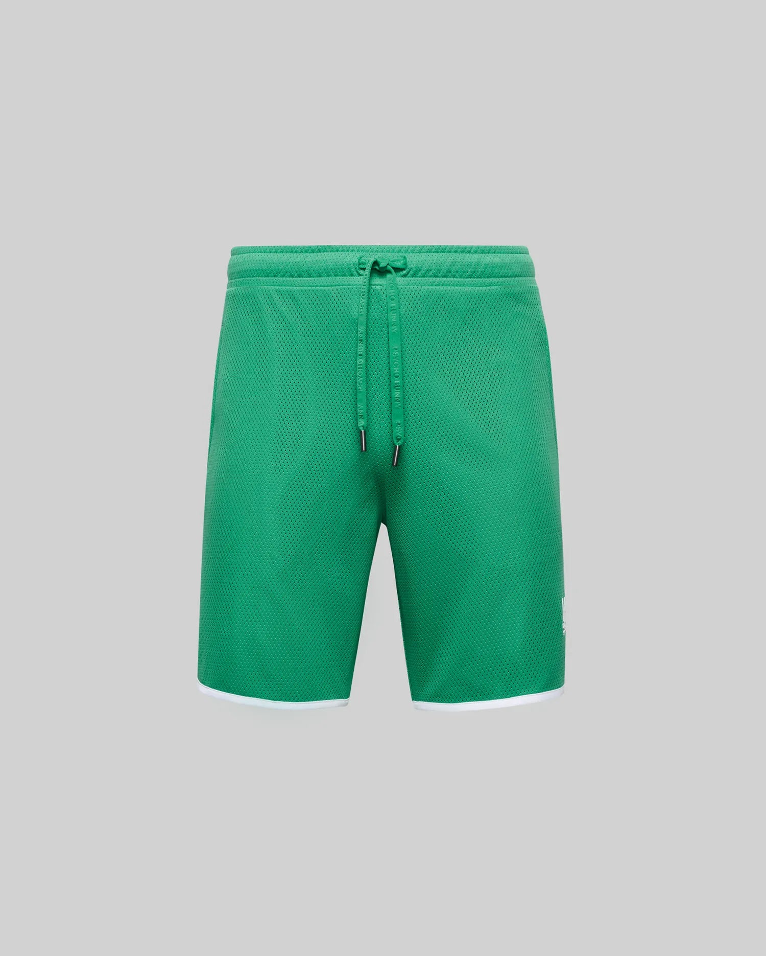 The Psycho Bunny MENS NICO MESH SHORT (MB0900004) features green mesh fabric for breathability, a drawstring waistband, and white hem trim, shown against a plain light gray background.