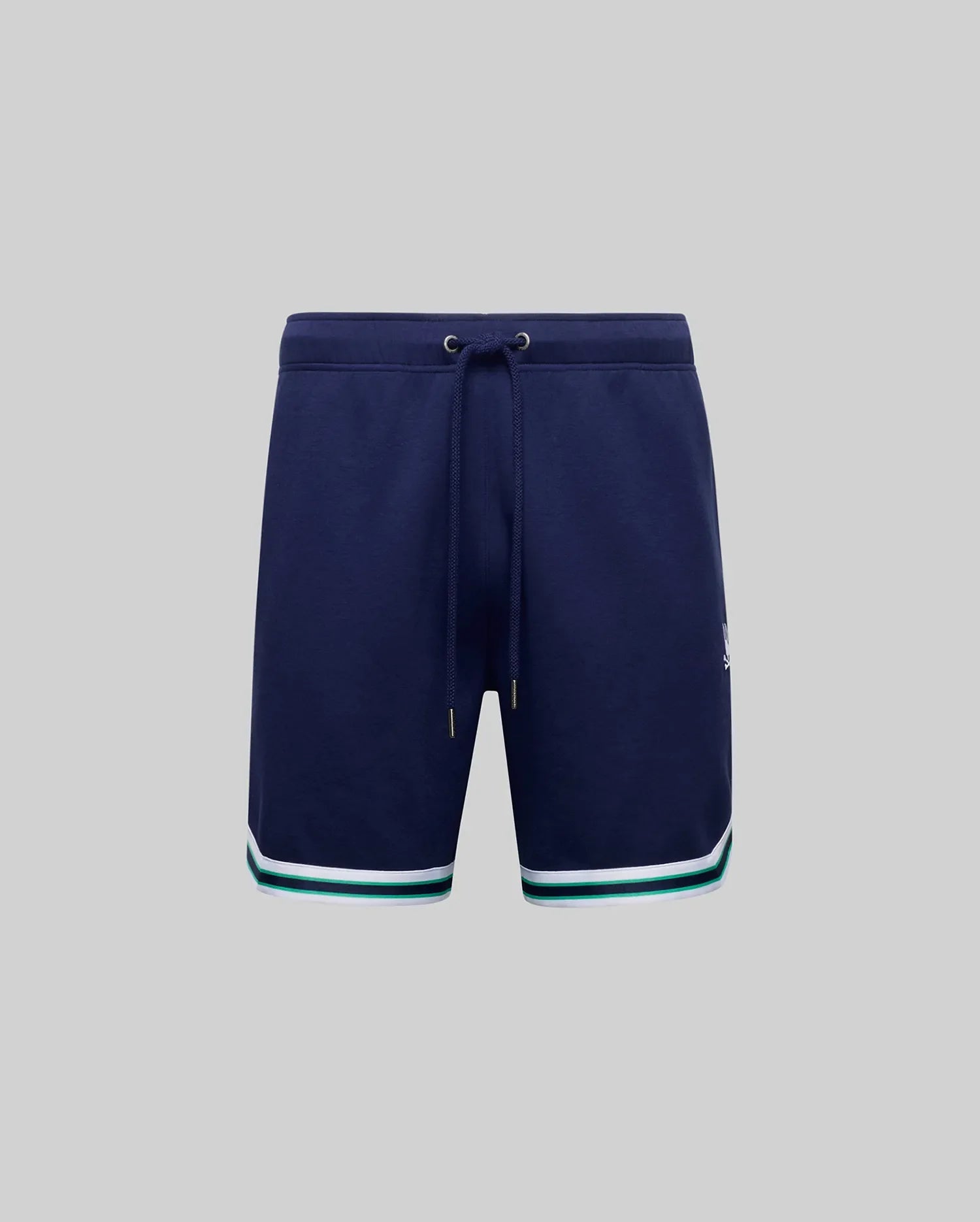 The Psycho Bunny MENS BASIL TAPED SHORT (MB0900005) in navy features an elastic waistband with drawstring and white, teal, and navy striped trim at the hem, crafted from a premium cotton-modal blend, shown on a plain grey background.