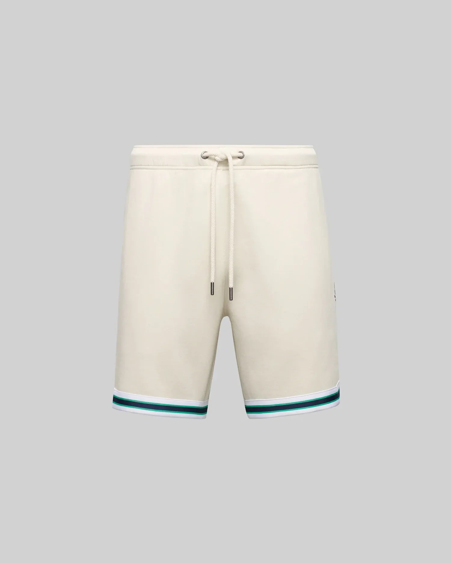 The Psycho Bunny MENS BASIL TAPED SHORT - MB0900005 in beige is made from premium cotton-modal, featuring a drawstring waist and green-blue striped accents near the hem, shown on a plain gray background.