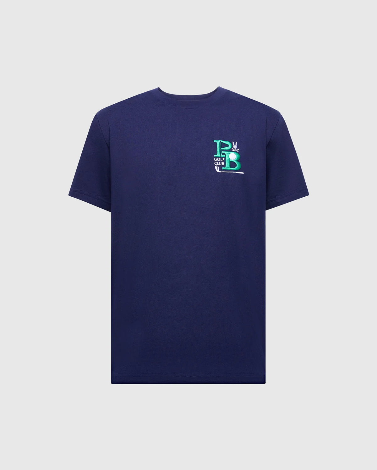 The MENS DENIS GRAPHIC TEE - MT0200015 from Psycho Bunny is a navy blue, Pima cotton T-shirt with a crew neck. It has an embroidered "PB" logo in blue and green on the left chest against a light gray background.