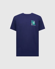 The MENS DENIS GRAPHIC TEE - MT0200015 from Psycho Bunny is a navy blue, Pima cotton T-shirt with a crew neck. It has an embroidered "PB" logo in blue and green on the left chest against a light gray background.