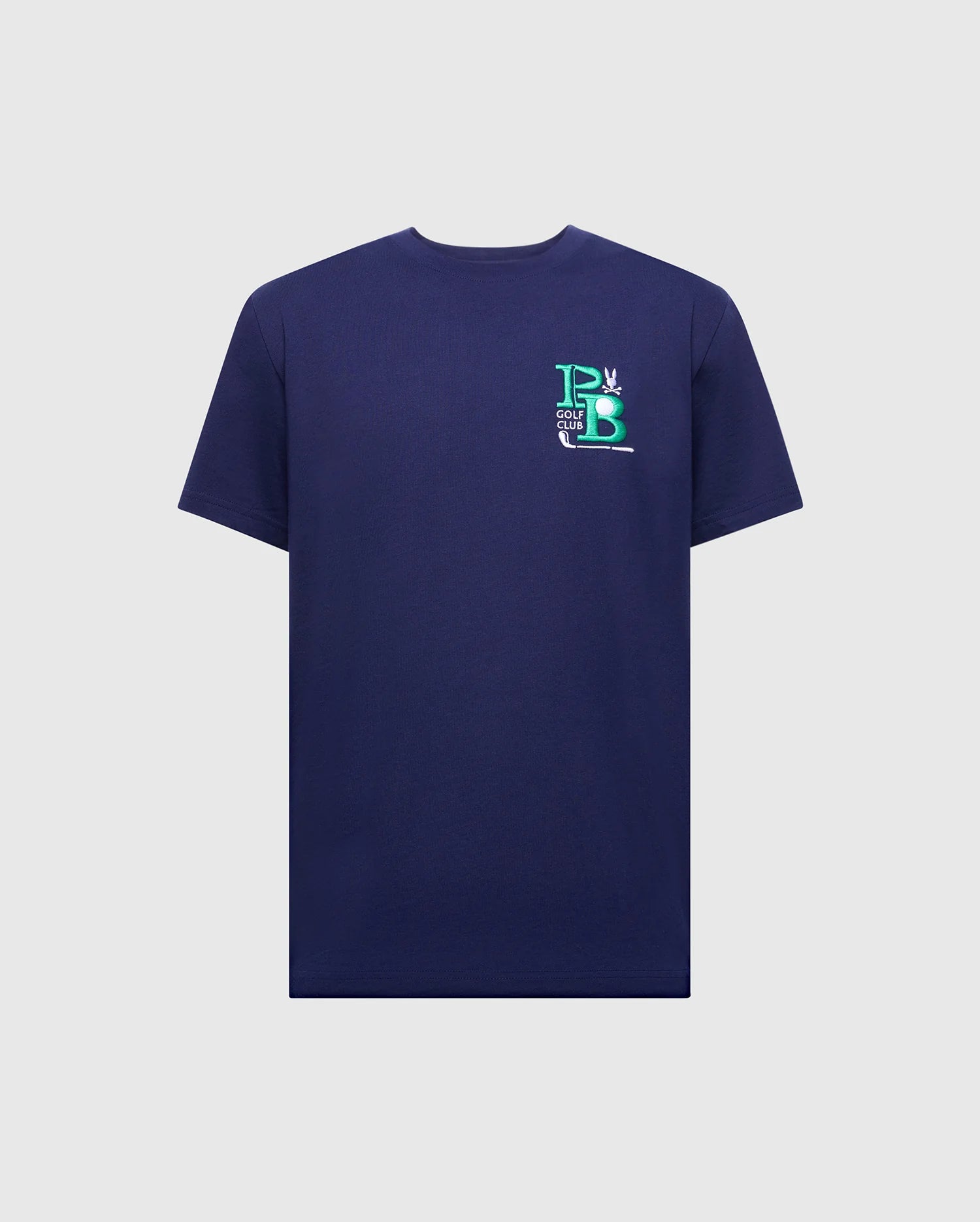 The MENS DENIS GRAPHIC TEE - MT0200015 from Psycho Bunny is a navy blue, Pima cotton T-shirt with a crew neck. It has an embroidered "PB" logo in blue and green on the left chest against a light gray background.