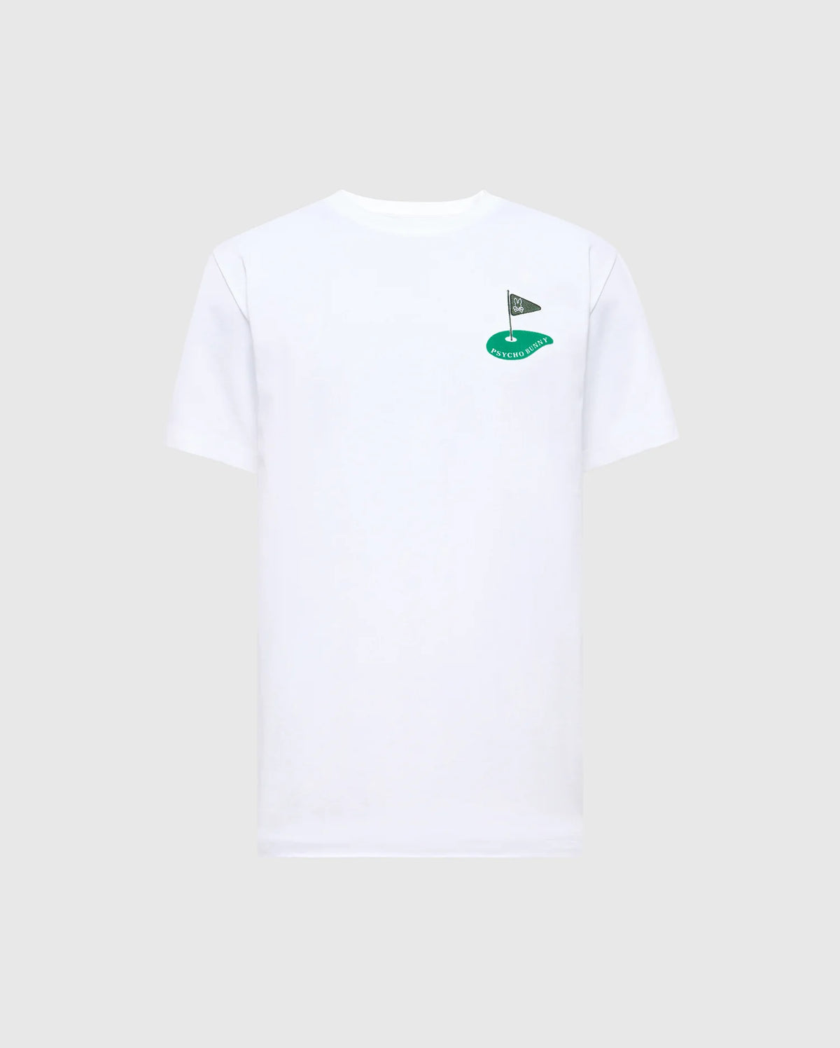 The MENS DALE GRAPHIC TEE (MT0200016) by Psycho Bunny is a plain white Pima cotton T-shirt, featuring a small embroidered logo of a flagpole with a triangular black flag and green shape on the left chest.