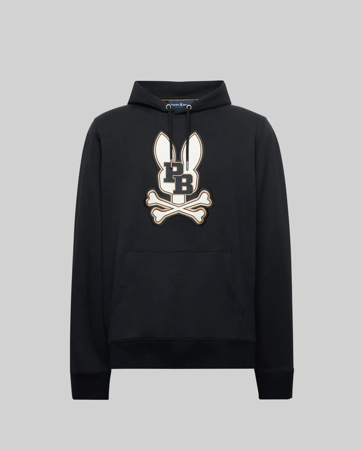 The Psycho Bunny MENS WADE HOODIE (MT0500112) is a classic athletic hoodie made from a premium cotton blend, featuring a bold cartoon bunny head with long ears above crossed bones and "L" and "B," plus a front pocket and drawstring hood.