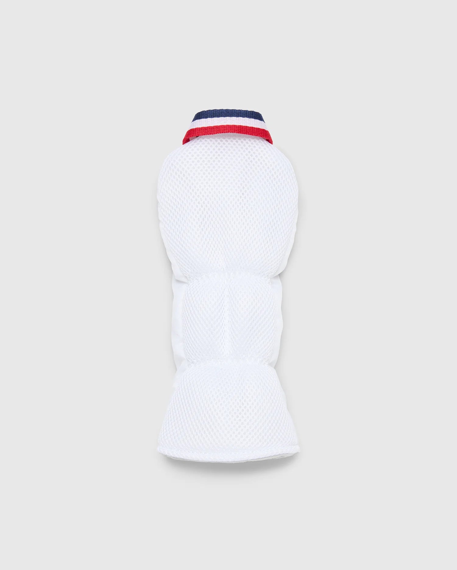 The MULTI BUNNY FW HEAD COVER FW by Psycho Bunny features a red and blue striped collar and a textured pattern, perfect for cold weather. This high-quality pet puffer jacket has a sleeveless design and is displayed on a plain background. Product Code: PBMG4SH2.