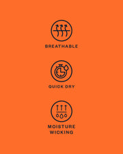 The orange background features three black icons and accompanying text: a breathability icon labeled "Breathable," a stopwatch with water droplets signifying "Quick Dry," and arrows with droplets representing "Moisture Wicking." These elements emphasize the ultimate comfort and functionality of the MENS BELLEVUE SPORT POLO SHIRT - B6K905D200 by Psycho Bunny, making it an ideal choice for a versatile casual polo shirt.