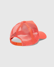 A vibrant orange "KIDS MELBOURNE GRAPHIC TRUCKER HAT - B0A548F200" by Psycho Bunny is seen from behind, featuring a mesh back and adjustable snap-back strap. The front shows a solid orange panel with a curved bill against a plain white background.