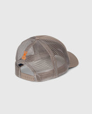 Viewed from the back, the Psycho Bunny KIDS PARIS TRUCKER CAP - B0A591C200 features an adjustable strap, a solid brim, and an embroidered orange bunny logo on the left mesh panel of its brown design.