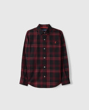 The KIDS HAYES PLAID SHIRT - B0C842D200 by Psycho Bunny is a long-sleeved, black and red plaid shirt made from soft Pima cotton. It includes a collar, buttoned front and cuffs, with a small embroidered emblem on the left chest, shown against a plain white background.