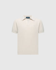The Psycho Bunny KIDS LEETON JOHNNY COLLAR KNIT POLO (B0E562F200) is a white short-sleeve polo in 100% cotton with a buttonless collar, set against light gray. A small embroidered bunny logo on the left chest makes it ideal for transitional wear.